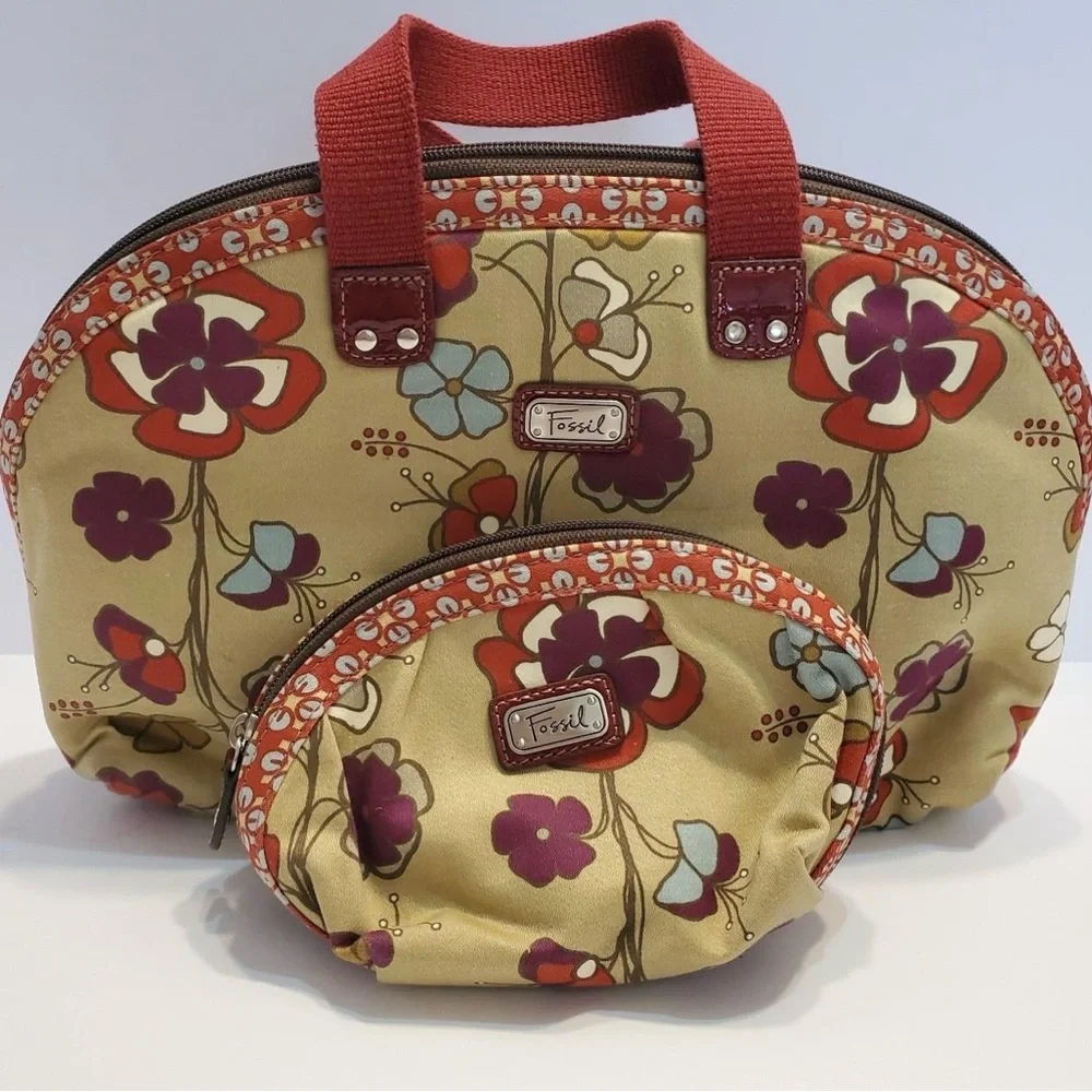 Fossil Floral Canvas Satchel Tan and Red Cosmetic Bag Duo New
